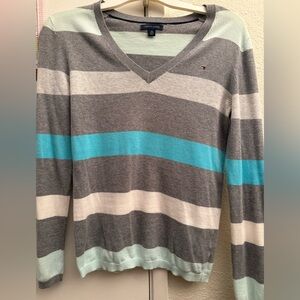 Women’s XS gray and blue long sleeve striped top.